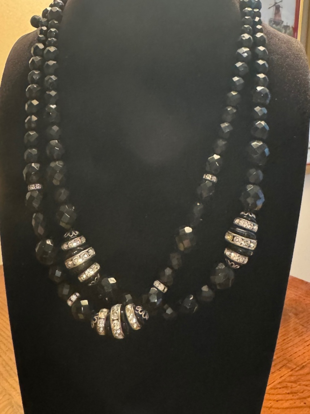 Jet Beads with Rhinestone Barrels Necklace